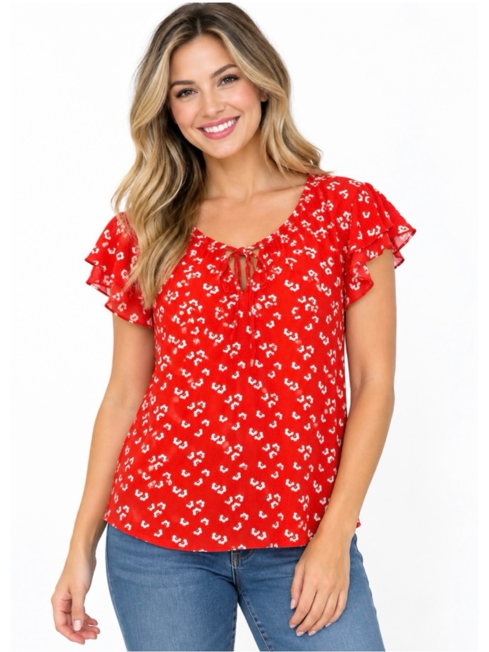 BODEN Red White Floral Print TieNeck Ruffle Flutter Sleeve Blouse Top Sz. 6